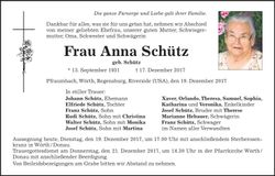 Traueranzeige Anna Schütz