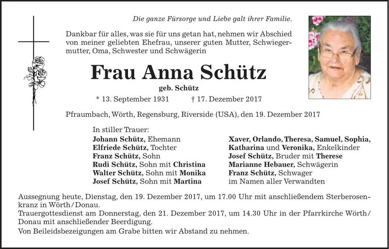 Traueranzeige Anna Schütz