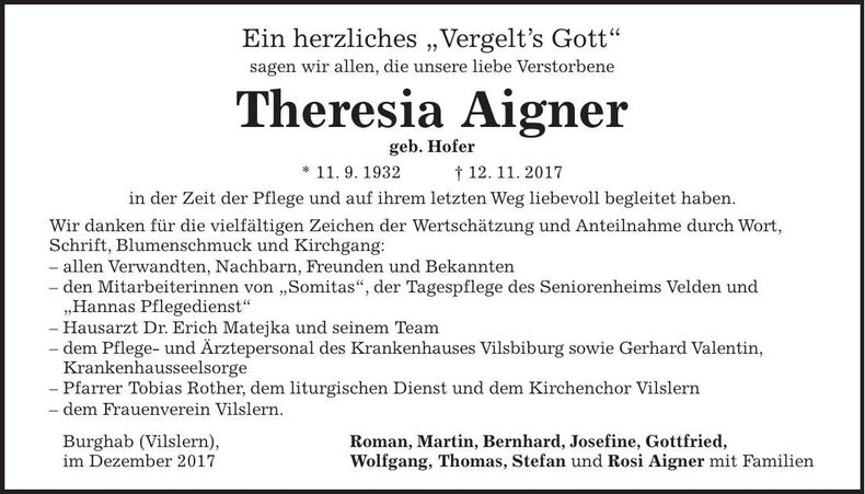 Traueranzeige Theresia Aigner