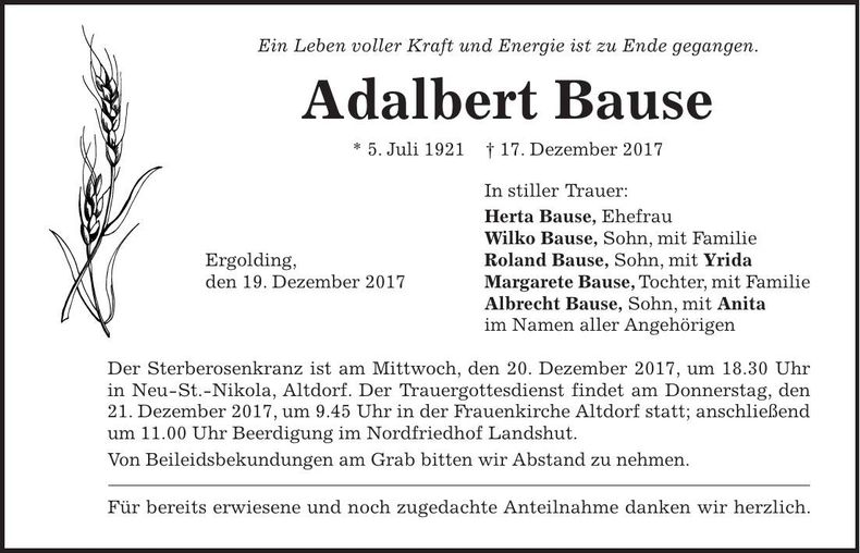 Traueranzeige Adalbert Bause