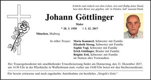 Traueranzeige Johann Göttlinger
