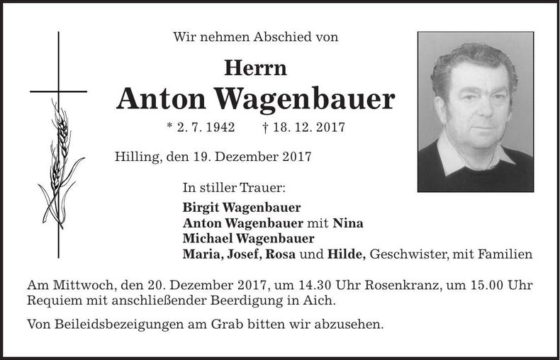 Traueranzeige Anton Wagenbauer