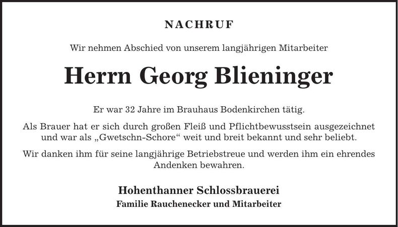 Traueranzeige Georg Blieninger