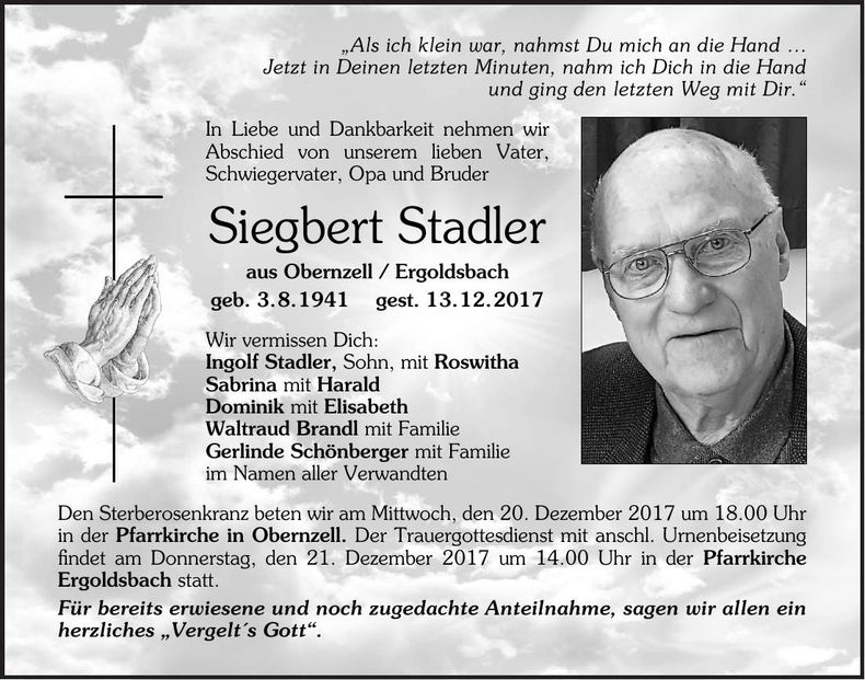 Traueranzeige Siegbert Stadler