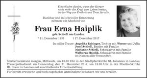 Traueranzeige Erna Haiplik