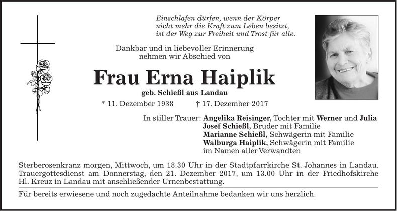 Traueranzeige Erna Haiplik