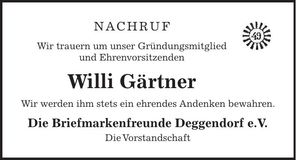 Traueranzeige Willi Gärtner