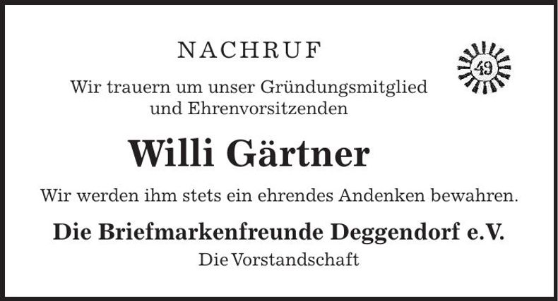 Traueranzeige Willi Gärtner