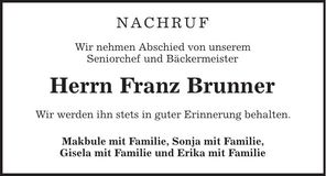 Traueranzeige Franz Brunner