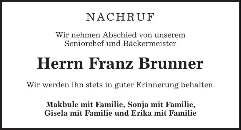 Traueranzeige Franz Brunner