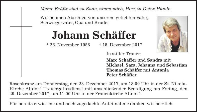 Traueranzeige Johann Schäffer