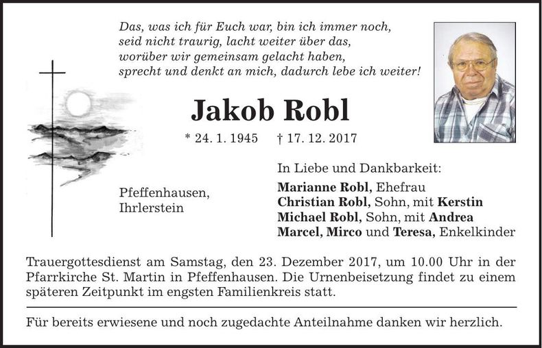 Traueranzeige Jakob Robl