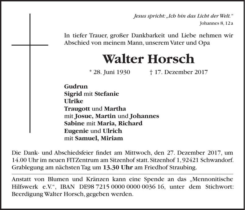 Traueranzeige Walter Horsch