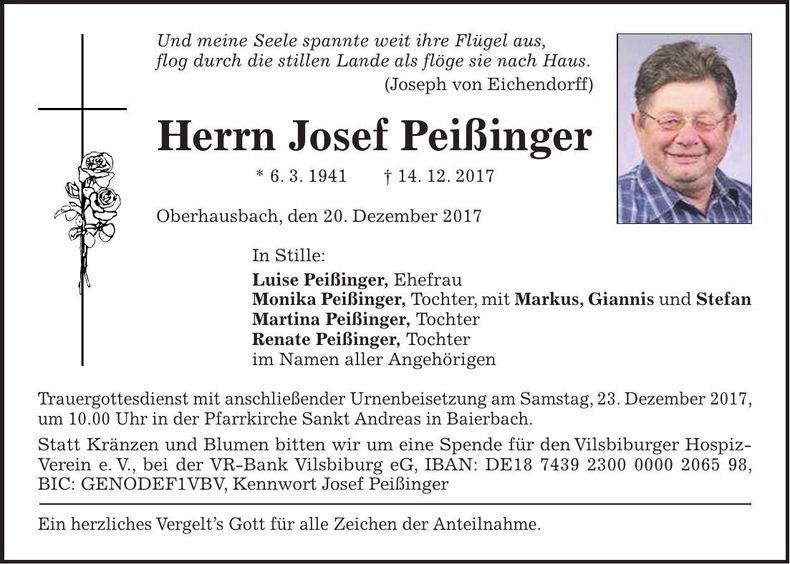 Traueranzeige Josef Peißinger