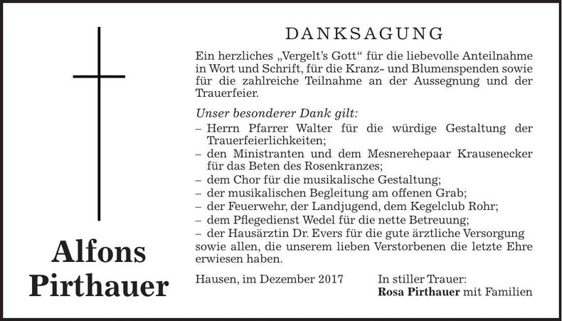 Traueranzeige Alfons Pirthauer