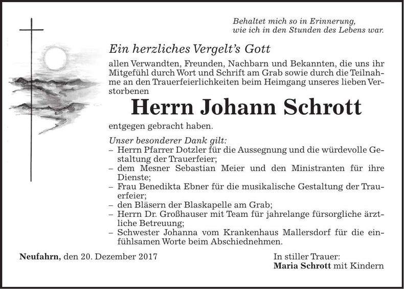 Traueranzeige Johann Schrott