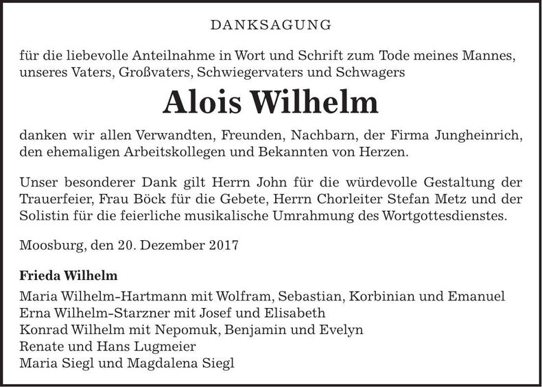 Traueranzeige Alois Wilhelm