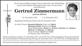 Traueranzeige Gertrud Zimmermann
