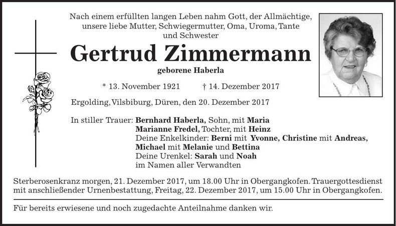 Traueranzeige Gertrud Zimmermann