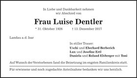 Traueranzeige Luise Dentler