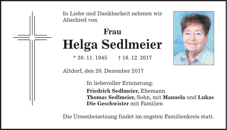 Traueranzeige Helga Sedlmeier