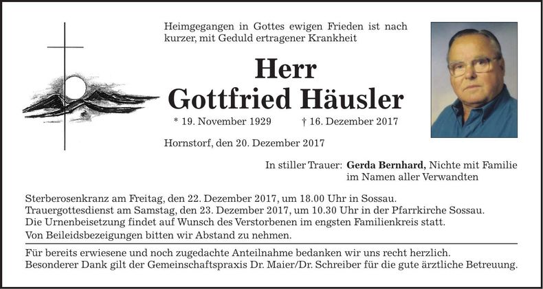 Traueranzeige Gottfried Häusler