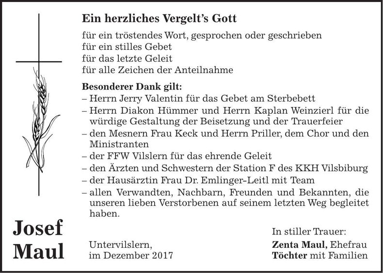 Traueranzeige Josef Maul
