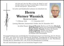 Traueranzeige Werner Wasnick