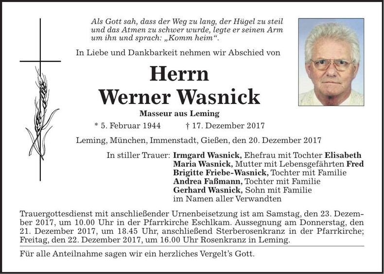 Traueranzeige Werner Wasnick