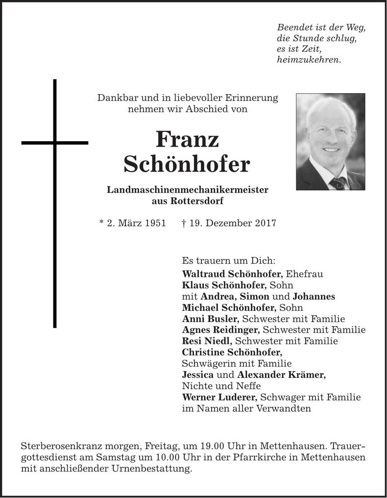 Traueranzeige Franz Schönhofer