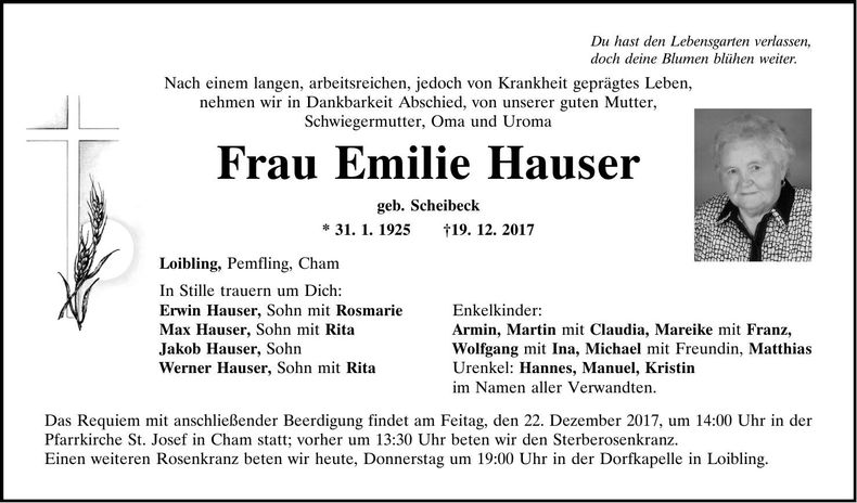 Traueranzeige Emilie Hauser