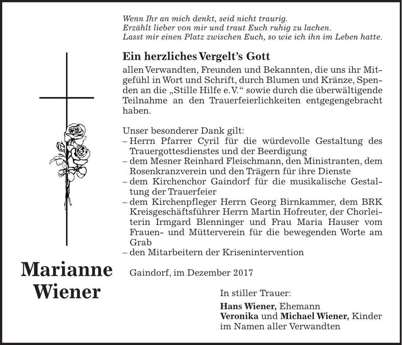 Traueranzeige Marianne Wiener
