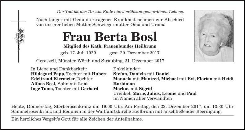 Traueranzeige Berta Bosl