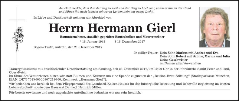 Traueranzeige Hermann Gierl