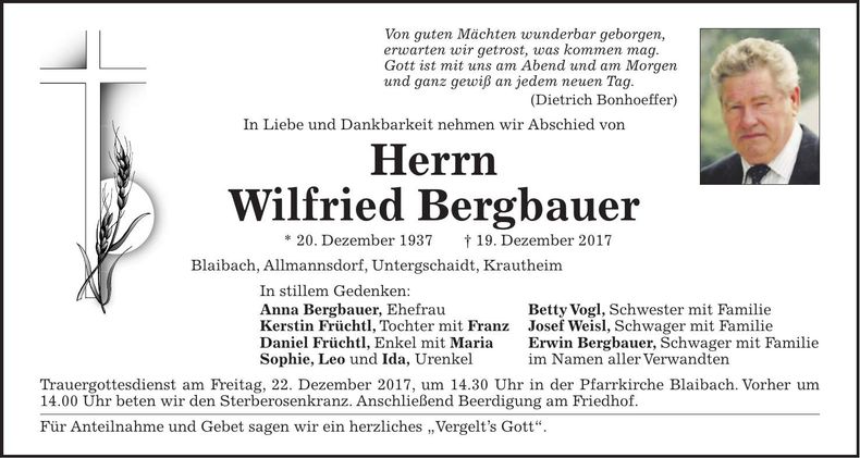 Traueranzeige Wilfried Bergbauer