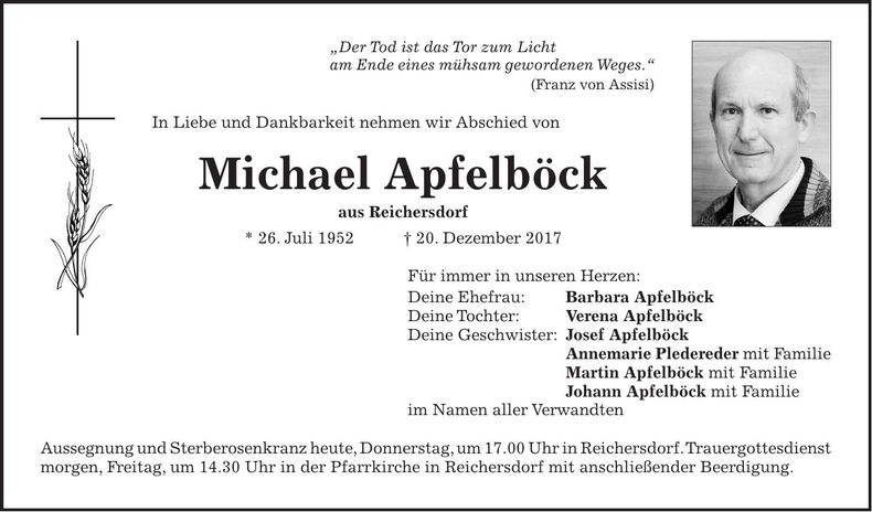Traueranzeige Michael Apfelböck
