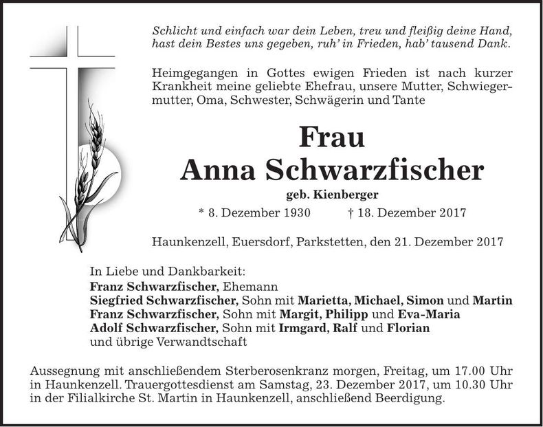 Traueranzeige Anna Schwarzfischer