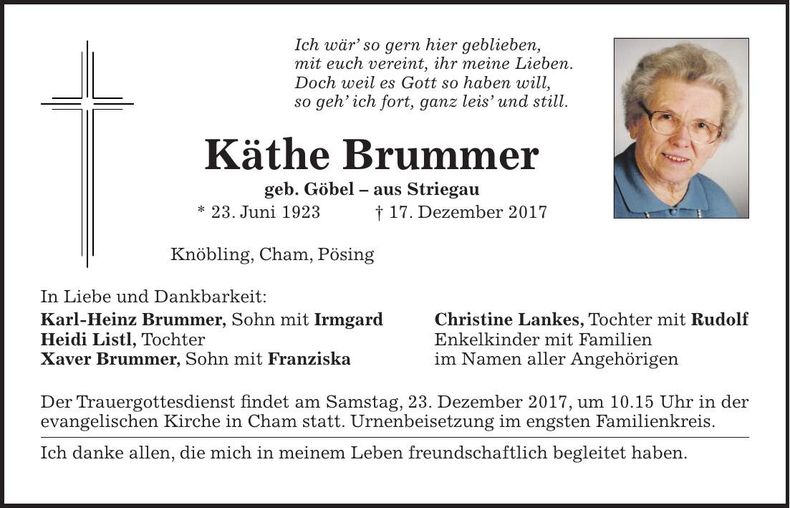 Traueranzeige Käthe Brummer