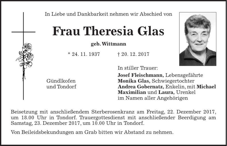 Traueranzeige Theresia Glas