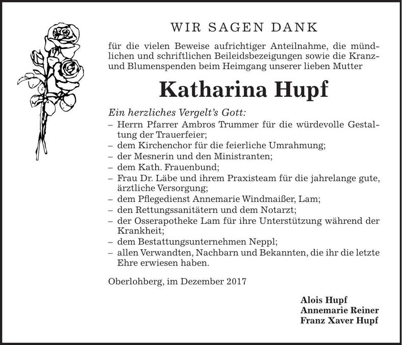 Traueranzeige Katharina Hupf