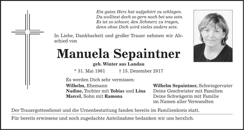 Traueranzeige Manuela Sepaintner