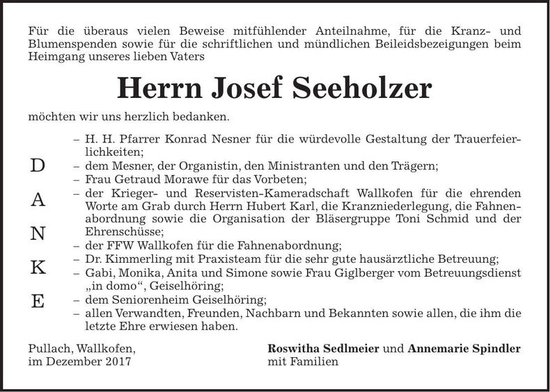Traueranzeige Josef Seeholzer