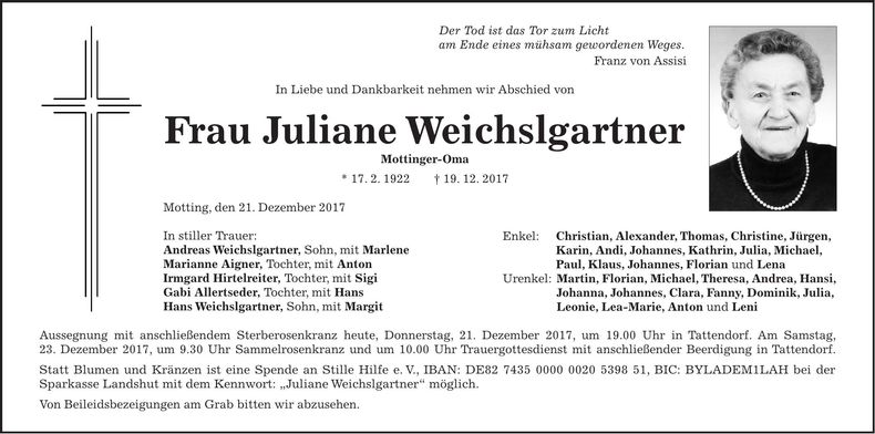 Traueranzeige Juliane Weichslgartner