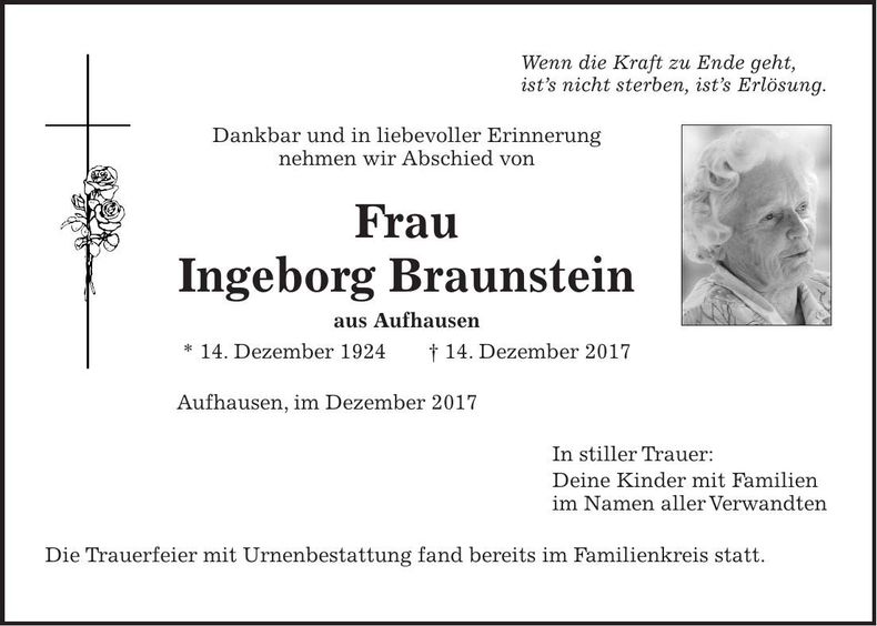 Traueranzeige Ingeborg Braunstein