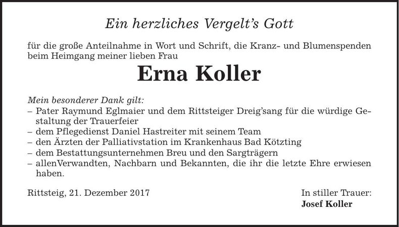 Traueranzeige Erna Koller