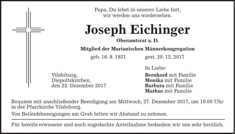 Traueranzeige Joseph Eichinger