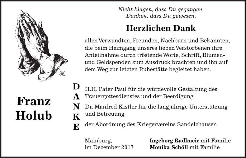 Traueranzeige Franz Holub