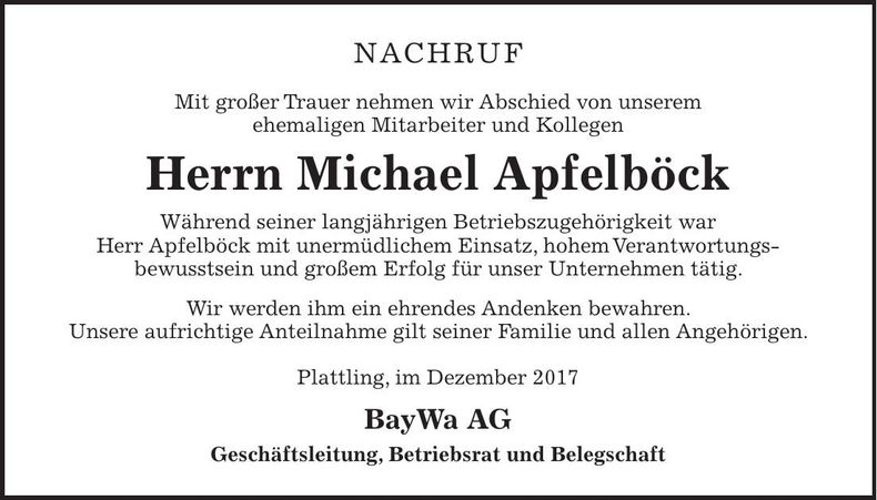 Traueranzeige Michael Apfelböck