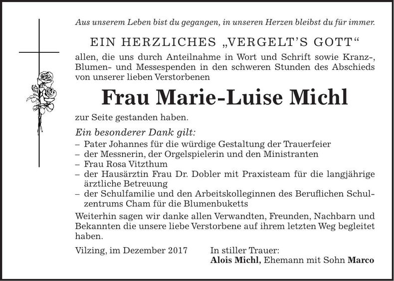 Traueranzeige Marie-Luise Michl
