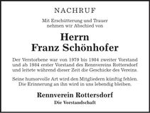 Traueranzeige Franz Schönhofer
